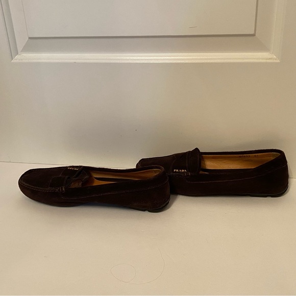 PRADA SHOES LOAFERS FLATS BROWN SUEDE LEATHER RUBBER SOLE ITALY SIZE 41 10.5 - Picture 5 of 13